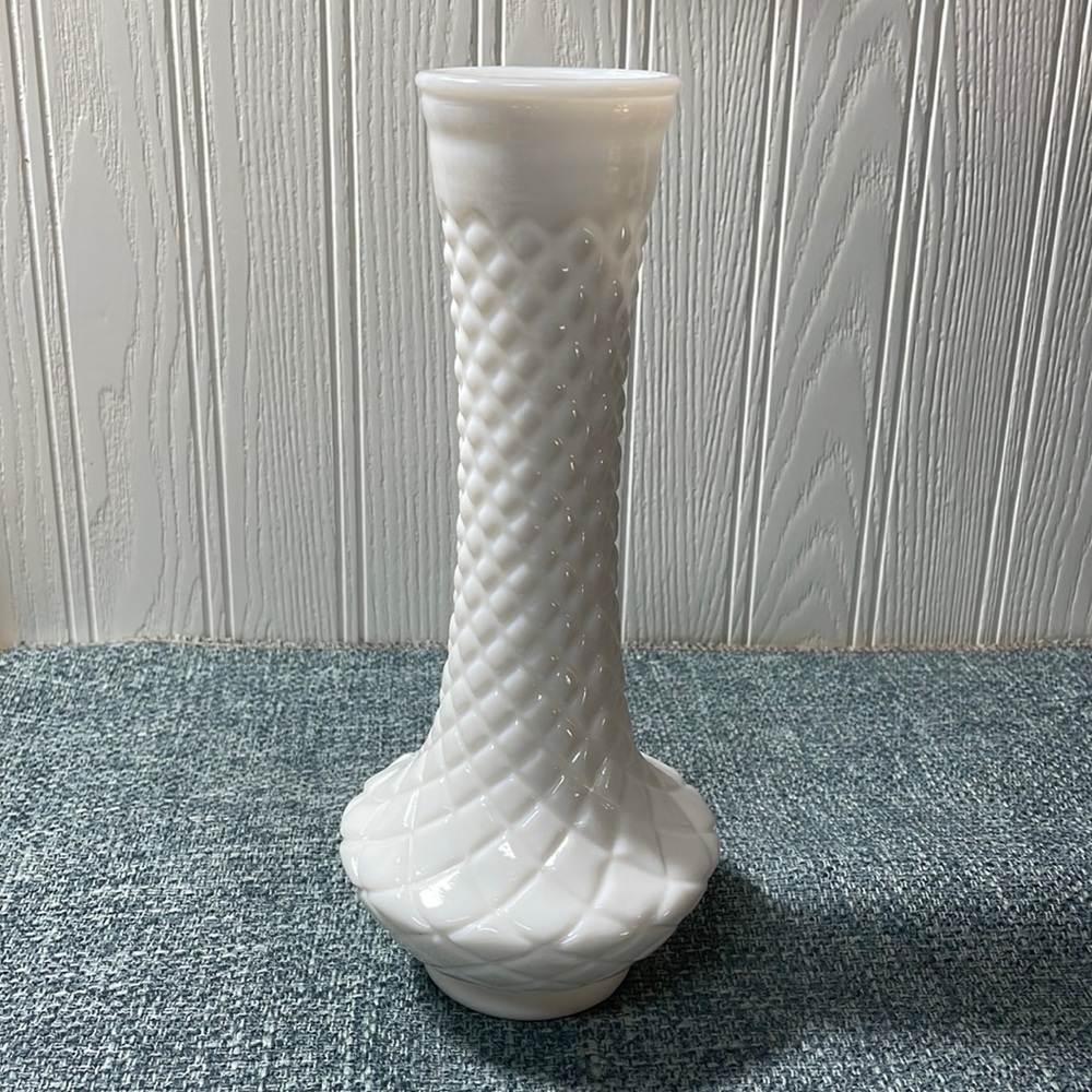 Vintage Diamond Quilt Milk Glass Bud Vase -  Pure White